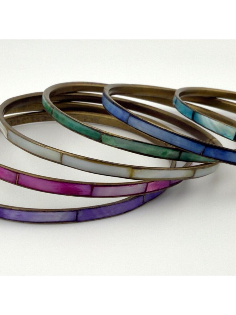 Vintage Mother Of Pearl Inlay Brass Bangle Set of 6 Pink Purple Blue Green Aqua - Picture 5 of 11